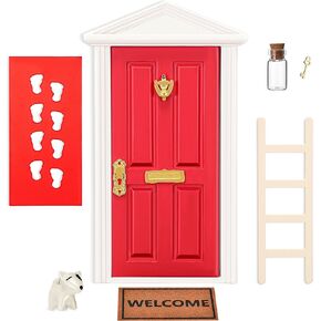 طقم الباب Red Tooth Fairy مع إكسسوارات ميني Red Fairy Door Tiny Wooden Red Festive Fairy Door For Tale Tale Education Learning Decoration DIY أنشطة حرفية