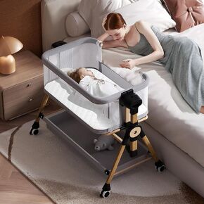 Baby Bassinet,Bedside Bassinet for Baby, Rocking Bassinet with Storage Basket and Wheels, Adjustable 6 Heights and All Mesh Sides,Portable Baby Bassinets Bedside Sleeper for Newborn Infant