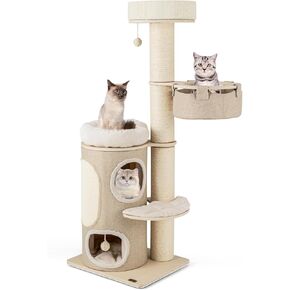 PetSite 61 بوصة برج قطط القطط ، برج قط خشبي متعدد المستويات مع وظائف خدش السيزال واللوحة ، شقة 2 من الدرجة الأولى ، 2 العثم