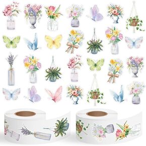 A1diee Spring Flower Butterfly Stickers Roll - 1000pcs Cute Allor Matercolor Potted Plants موضوع ، شارات ذاتية لاصق لصالح الحفلات.