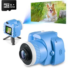 Kids Camera with Projector, Big Screen 1080P Video Recording Camera with Tripod and 32GB SD Card, Christmas Birthday Gifts Portable Toy for 5 Girls and Boys (Blue)