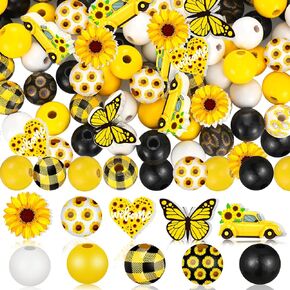 FairySandy 200 Pcs Sunflower Wood Beads Summer Multi Colored Wooden Beads Round Loose Spacer Farmhouse Craft Beads for DIY Bracelet Necklace Earring Jewelry Making Garland Home Decor Craft