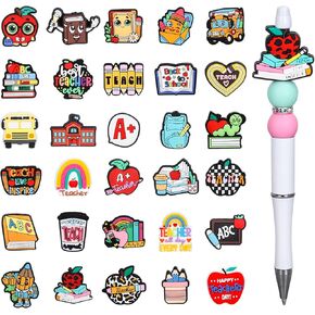 30 Pcs Teacher Appreciation Silicone Focal Beads Pencil Apple Cartoon Silicone Beads Teacher's Day Back to School Loose Rubber Beads for DIY Crafts Pen Keychain Charms Making