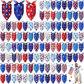 Preboun 100 PCS يوم ميموريال ميموريال يوم الكلب Bandanas Bulk Red Blue and White Bandanas for Dogs Pet Kerchief وشاح للاستقلال التذكاري يوم جرو صغير متوسط ​​الحيوانات الأليفة كبيرة الأليفة