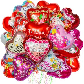 36Pcs Mother's Day Balloons, Happy Red Heart Mom Foil Mylar Day Balloons for Best Mom Ever Birthday Party Decoration