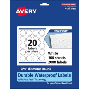 Avery Durable Waterproof Round Labels, 1.75" Diameter, 500 Oil & Tear-Resistant, Print-to-The-Edge, Laser/Pigment Inkjet Compatible