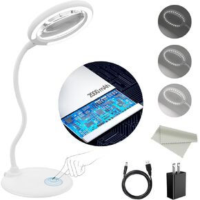5X Rechargeable Magnifying Glass with Light and Stand, Dimmable Lighted Magnifying Lamp Glass for Reading, Close Work, Hobbies, Crafts - White