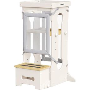 Toddler Standing Tower, Adjustable Height Toddler Kitchen Stool Helper for Kids 1-6, Toddler Kitchen Step Stool with 2 Detachable Nets, Wooden Montessori Toddler Tower for Kitchen Counter