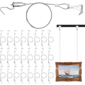 72 Pcs Picture Rail Hanging System, 6.6ft / 2m Picture Wire Hanging Kit, 132lb/60kg Max Load Adjustable Wire with Loop, Stainless Steel Picture Rail Hooks for Art Gallery Display Exhibition