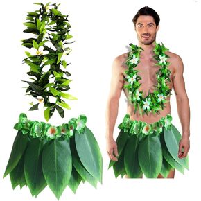 Hawaiian Hula Skirt Hawaiian Leaf Skirt with Leis Set Hairclip Outfits for Summer Luau Party
