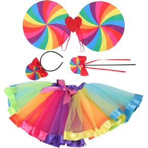 قوس قوس قزح Candy Tutu Dress: Layered Rainbow Tutu Skirt - Girls Fairy Wings - تشمل عصا العصبية المصاصة - الأزياء المحددة لحفلات أعياد الميلاد المهرجانات الفتيات