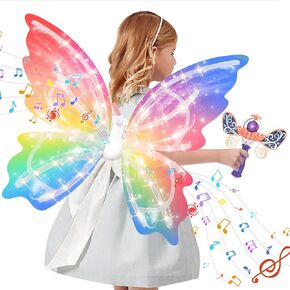Electric Fairy Wings and princess wand for Girls, Princess Dress up Costume, Moving Butterfly Wings with LED Lights and Music, Toys for Kids as Halloween Birthday Christmas Party Cosplay Gift