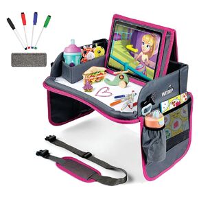 Kids Travel Tray with Dry Erase Board, Travel Tray for Kids Car Seat, Carseat Table Trays for Toddler, Kid Activity Desk for Air Travel, No-Drop Tablet Holder & Borders (All Grey)