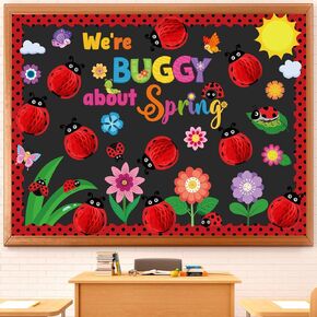 73 Pcs 3D Spring Bulletin Board Decorations with Ladybug Honeycomb Spring Bulletin Board Set Colorful Flowers Floral Cutouts for Holiday School Office Home Nursery Wall Decor Supplies