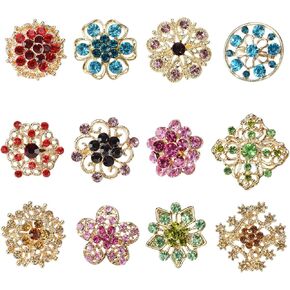 eMagTech 12Pcs Crystal Button Brooches Flower Brooch Floriated Brooches Pin Rhinestone Corsage Bouquet Kit Decorative Accessories for Clothing Scarves Hats Zinc Alloy