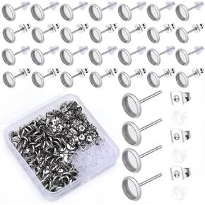 1 Box 100Pcs 6Mm Bezel Post Earrings Findings Stud Earring Cabochon Blanks Stainless Steel Hypoallergenic Silver Ear Stud with Ear Nut Flat Round Earring Studs for Jewelry Making Supplies DIY