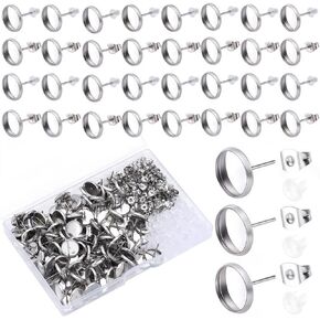 1 Box 100Pcs 10Mm Stud Earring Blanks Cabochon Stud Earring Blanks Hypoallergenic Stainless Steel Flat Round Earring Studs with Ear Nut Silver Ear Posts for Jewelry Making Supplies DIY Crafts