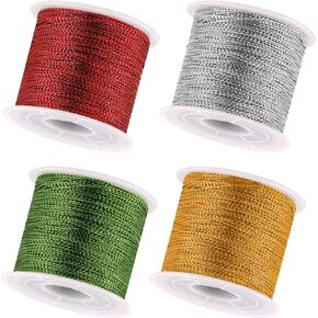Hilitchi 4 Rolls Metallic Cord Tinsel Rope 436 Yards Metallic Tinsel Thread String 1mm Metallic Thread Cord Silver Gold Red Green Green Tinsel String