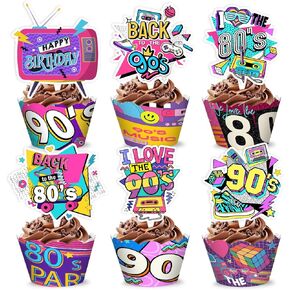 48pcs 80s تسعينات من الزخارف حفلة عيد ميلاد | 24pcs cupcake toppers & 24pcs cupcake wrappers party favors اللوازم الرجعية مركزية الهدايا للفتيان جائزة الكرنفال