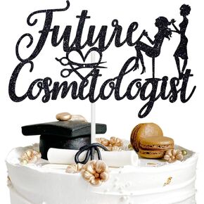 Future Cosmetologist Cake Topper, Congrats Barber/Future Makeup Artist, Class of 2025 Cosmetology School Survivor Graduation Party Decorations Supplies, Black Glitter
