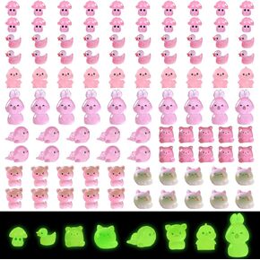 100pcs Pink Luminous Mini Resin Animals Mini Ducks Bears Rabbits Chickens Tiny Cats Pigs Glow in The Dark for DIY Garden Accessories Micro Landscape Aquarium Dollhouse Decor（Pink Style）
