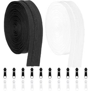 amtvuzy 10 ياردة 360 في السوستة السائبة للخياطة ،#5 سوستة لفائف النايلون من الفناء ، و 20pcs sliders zipper stliders للخياطة DIY ، والخياطة ، والملابس والأكياس - أسود وأبيض (5 ياردات لكل منهما)