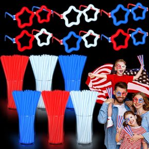 126 PCS 4th July Glow Party Party Favors مع الموصلات ، 6 نظارات Red White Glow Star و 120 عصي الوطنية الوهمية الوهج في The Dark Party Supplies الأطفال الكبار الإكسسوارات التذكارية ديكور