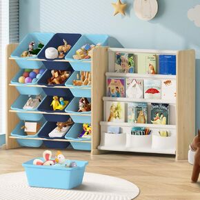 Kids Toy Storage Organizer - Toy Organizer with Kids Bookshelf, Toy Storage with 12 Toy White Bins and 4 Book Shelves, Toy Organizers and Storage for Playroom, Nursery, Kids Room, Burlywood