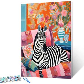 Tucocoo zebra يجلس على أريكة الطلاء حسب الرقم ملون طراز عتيق الطراز DIY على قماش مع فرش من الدهانات الأكريليك الطلاء بأرقام للبالغين والأطفال المبتدئين DIY KIT 16X20 بوصة （إطار DIY）