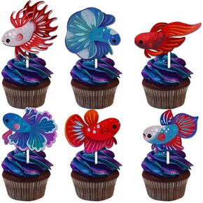 18pcs Colorful Glitter Dessert Cupcake Topper Betta Fish Theme Decorations Baby Shower Boys Girls Happy Birthday Party Decor Supplies