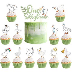 37pcs واحدة سخيفة أعياد أعياد الأوزان ، كعكة أوزة سخيفة ، أقطاب كب كيك لزينة حفلة عيد الميلاد الأولى ، رضيع فتاة عيد ميلاد ديكورات كعكة