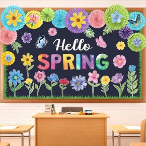 Fuutreo 72 Pcs Spring Bulletin Board Set Hello Spring Flowers Cutouts Paper Fans Bulletin Board Border Classroom Decoration for School Office Home Teacher Wall Supply