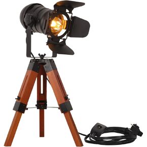 Industrial Vintage Black Tripod Floor Table Lamp - Modern Adjustable Height Wooden Nautical Cinema Searchlight - Spotlight Standing Reading Light for Living Room Bedroom Office Decoration(no Bulb)