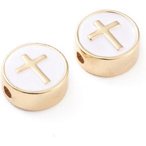 Danlingjewelry 10pcs Brass Cross Beads White Flat Round with Cross Beads Metal Crucifix Spacer Beads for Jewelry Making Beades