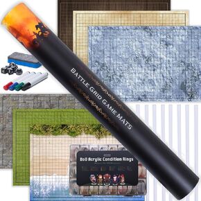 TIDYBOSS DND Ultimate Player Set -3x Battle Battle Board 24 × 36-6 التضاريس ، علامات مسح الجافة ، ممحاة ، نرد و 8 مقاطع مع 96 حلقات -RPG Terrain Terrain Dungeons and Dragons