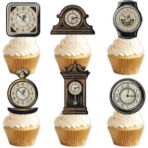 18pcs Glitter Retro Clock Dessert Cupcake Topper Pick for Return to the Ancients Theme Decor Supplies Baby Shower Men Women Anniversary Happy Birthday Party Decorations