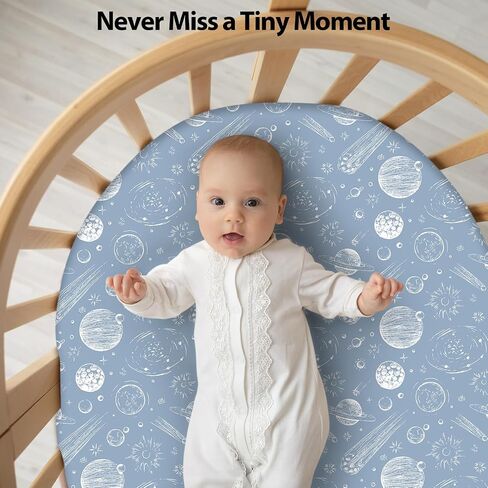 Baby Bassinet Sheets Girl Boy, Fitted Bassinet Sheet Set 3 Pack Bassinet Mattress Sheets Universal Fit for Rectangle, Round, Oval, Hourglass Mattress, Soft Breathable Blue Gray Planet in Saudi Arabia