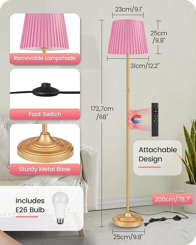 Dimmable Tall Floor Lamp for Living Room, 68" Standing Lamp, Reading Light with Remote & Foot Pedal, 10W LED Bulb (3000K-6500K) Included, FCC Listed, Reinforced Base, Gold and Pink DP12LD05 in Saudi Arabia