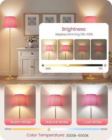 Dimmable Tall Floor Lamp for Living Room, 68" Standing Lamp, Reading Light with Remote & Foot Pedal, 10W LED Bulb (3000K-6500K) Included, FCC Listed, Reinforced Base, Gold and Pink DP12LD05 in Saudi Arabia