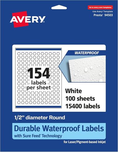 Avery Durable Waterproof Round Labels with Sure Feed, 0.5" Diameter, 1,540 Oil and Tear-Resistant Waterproof Labels, Print-to-The-Edge, Laser/Pigment-Based Inkjet Printable Labels in Saudi Arabia