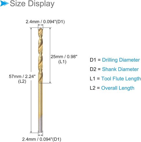 Twist Drill Bits, 2.7mm Drilling Diameter, Titanium Coated High Speed Steel 6542 Straight Round Shank - (Applications: for Stainless Steel Alloy Metal), 12-Pieces in Saudi Arabia