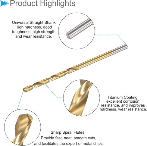 Twist Drill Bits, 2.7mm Drilling Diameter, Titanium Coated High Speed Steel 6542 Straight Round Shank - (Applications: for Stainless Steel Alloy Metal), 12-Pieces in Saudi Arabia