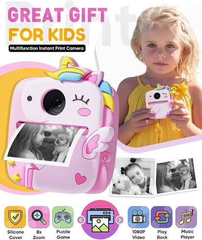 Instant Print Camera for Kids, Christmas Birthday Gifts for 3-8 Year Old Boys Girls, 1080P Kids Digital Camera Toys for Kids Age 3 4 5 6 7 8 with Silicone Cover-Pink in Kuwait
