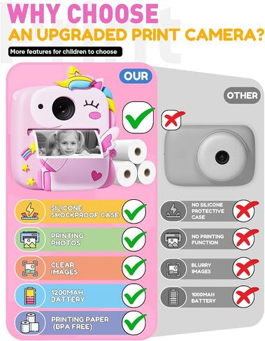 Instant Print Camera for Kids, Christmas Birthday Gifts for 3-8 Year Old Boys Girls, 1080P Kids Digital Camera Toys for Kids Age 3 4 5 6 7 8 with Silicone Cover-Pink in Kuwait