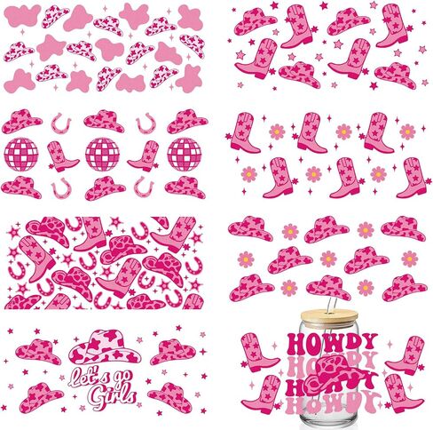Whaline 8Pcs Western Cowgirl Cup Wrap Transfer Stickers Pink Boots Hats Waterproof Transfer Cup Stickers Decals for Glass Cup DIY Crafts in Saudi Arabia