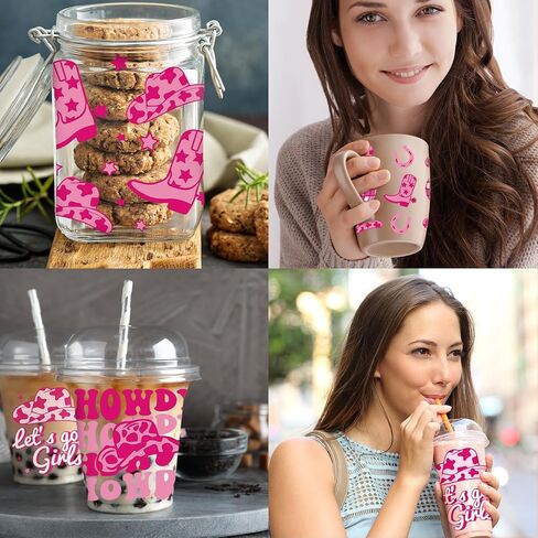 Whaline 8Pcs Western Cowgirl Cup Wrap Transfer Stickers Pink Boots Hats Waterproof Transfer Cup Stickers Decals for Glass Cup DIY Crafts in Saudi Arabia