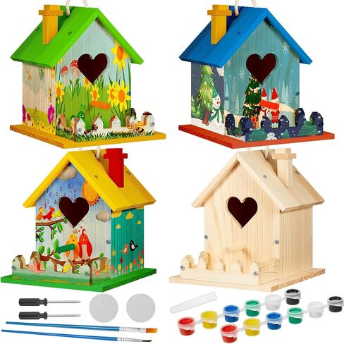Juexica 4 Set DIY Birdhouse Kit Unfinished Bird House Painting Crafts for Kids with Paints and Paintbrushes Welcome Spring Gifts Outdoor Summer Crafts for Boy or Girl Ages 4-8 in Saudi Arabia