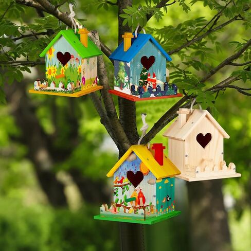 Juexica 4 Set DIY Birdhouse Kit Unfinished Bird House Painting Crafts for Kids with Paints and Paintbrushes Welcome Spring Gifts Outdoor Summer Crafts for Boy or Girl Ages 4-8 in Saudi Arabia