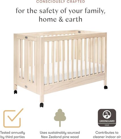 Babyletto Maki Full-Size 2-in-1 Portable Folding Crib with Toddler Bed Conversion Kit in Light Sage, Greenguard Gold Certified in Kuwait