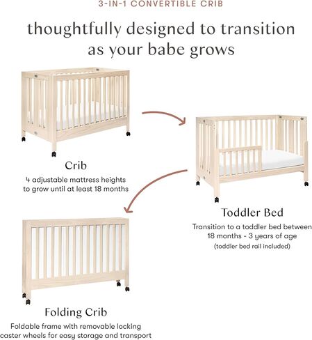 Babyletto Maki Full-Size 2-in-1 Portable Folding Crib with Toddler Bed Conversion Kit in Light Sage, Greenguard Gold Certified in Kuwait